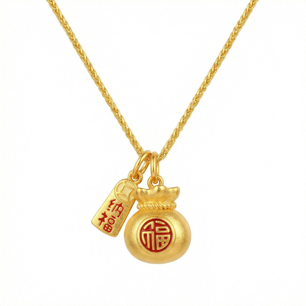 925 Sterling Silver Traditional Fortune Money Bag Necklace with Red Fu Character and Prosperity Tag Vera Lux