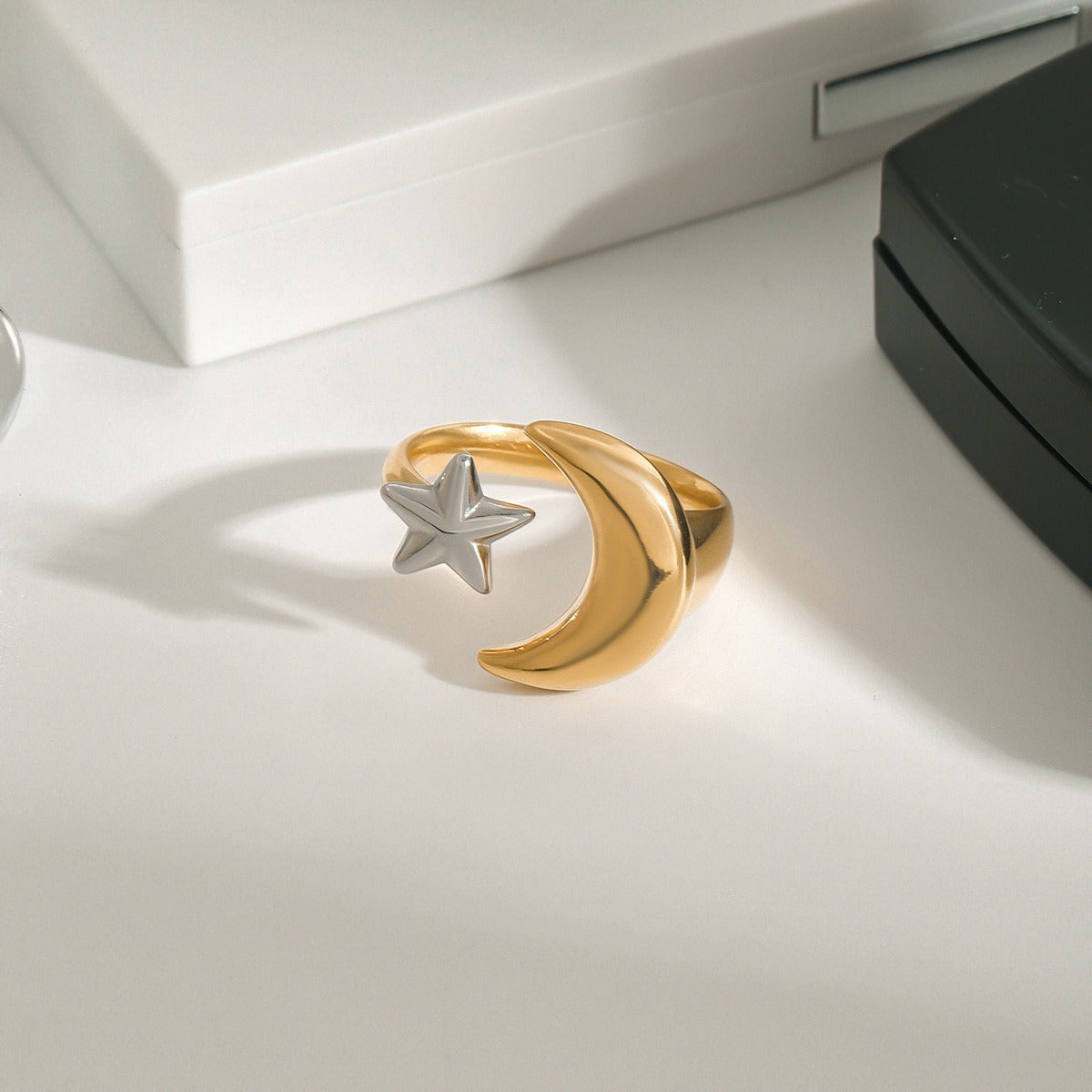 18K gold moon and star with gold and silver color matching design trendy personality open ring Vera Lux