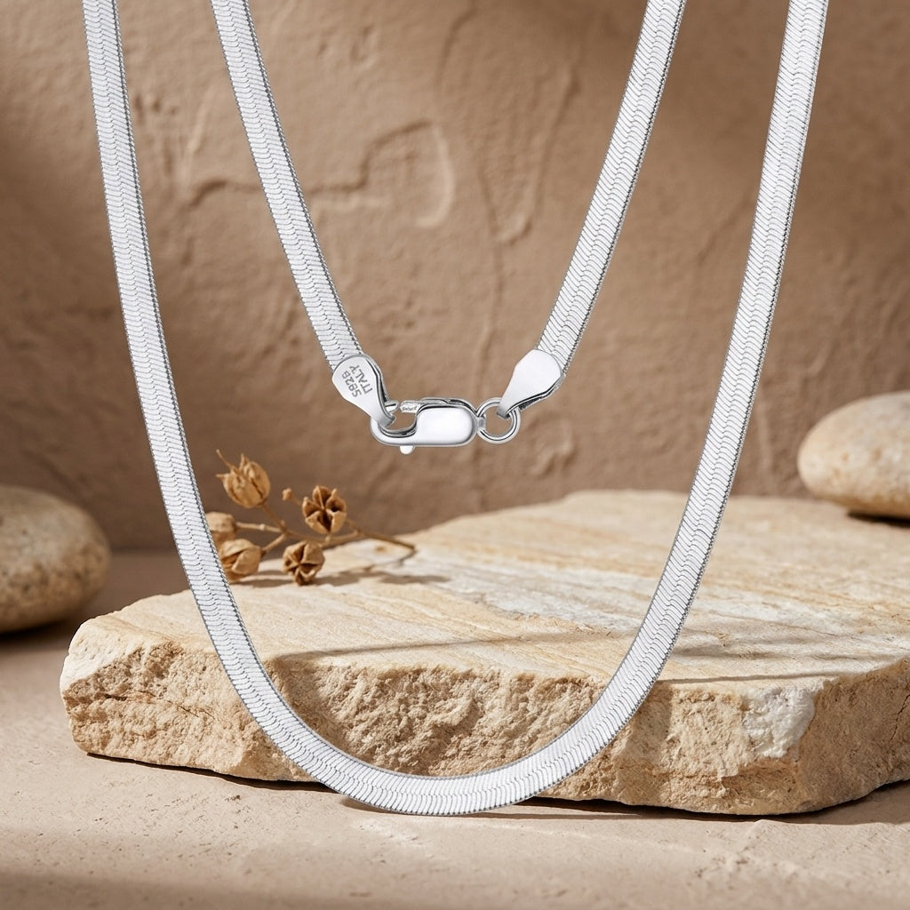 925 Sterling Silver Elegant  Herringbone Chain Necklace with Secure Lobster Clasp Vera Lux