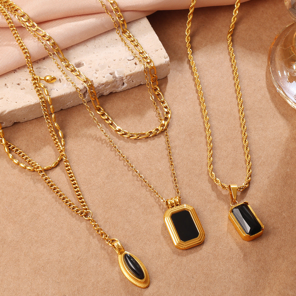 Vintage Stackable Double Layer Oval Black Onyx Pendant Necklace, 18K Gold Plated Square Black Zircon Clavicle Chain Vera Lux