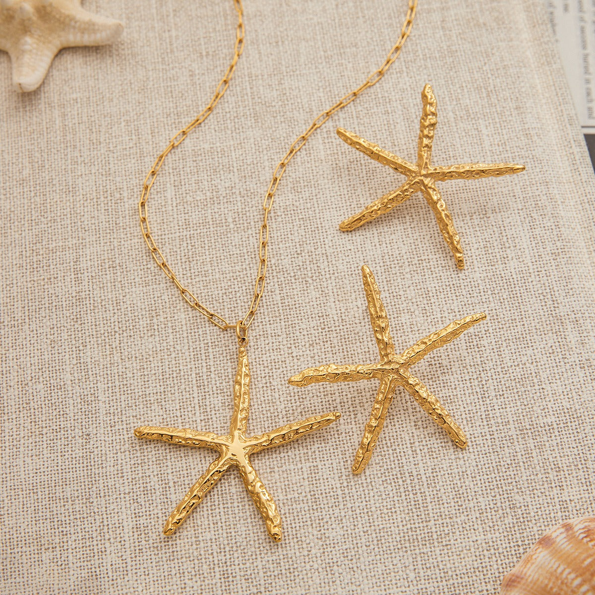 18K Gold Starfish with Textured Design Classic Fashion Necklace and Earrings Set Vera Lux