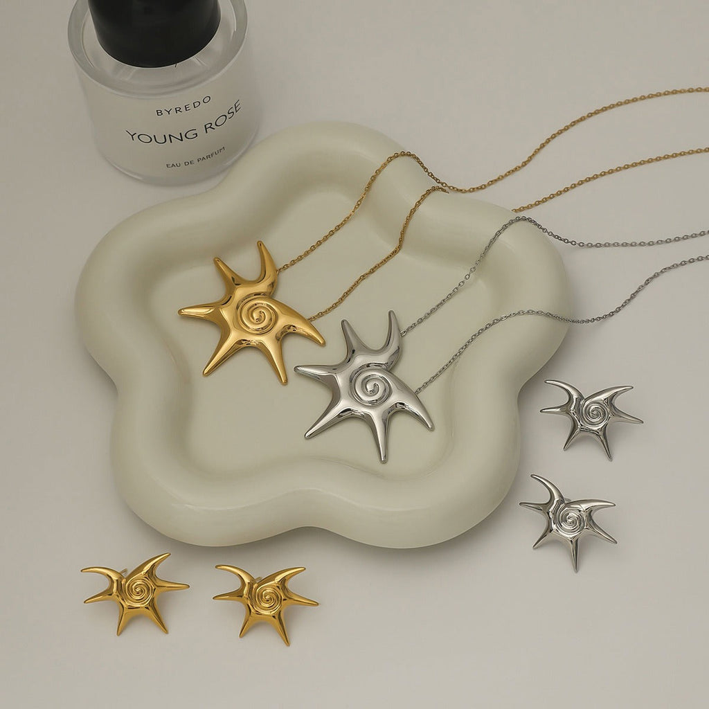 18K gold sun with thread design trendy and unique earrings and necklace set Vera Lux