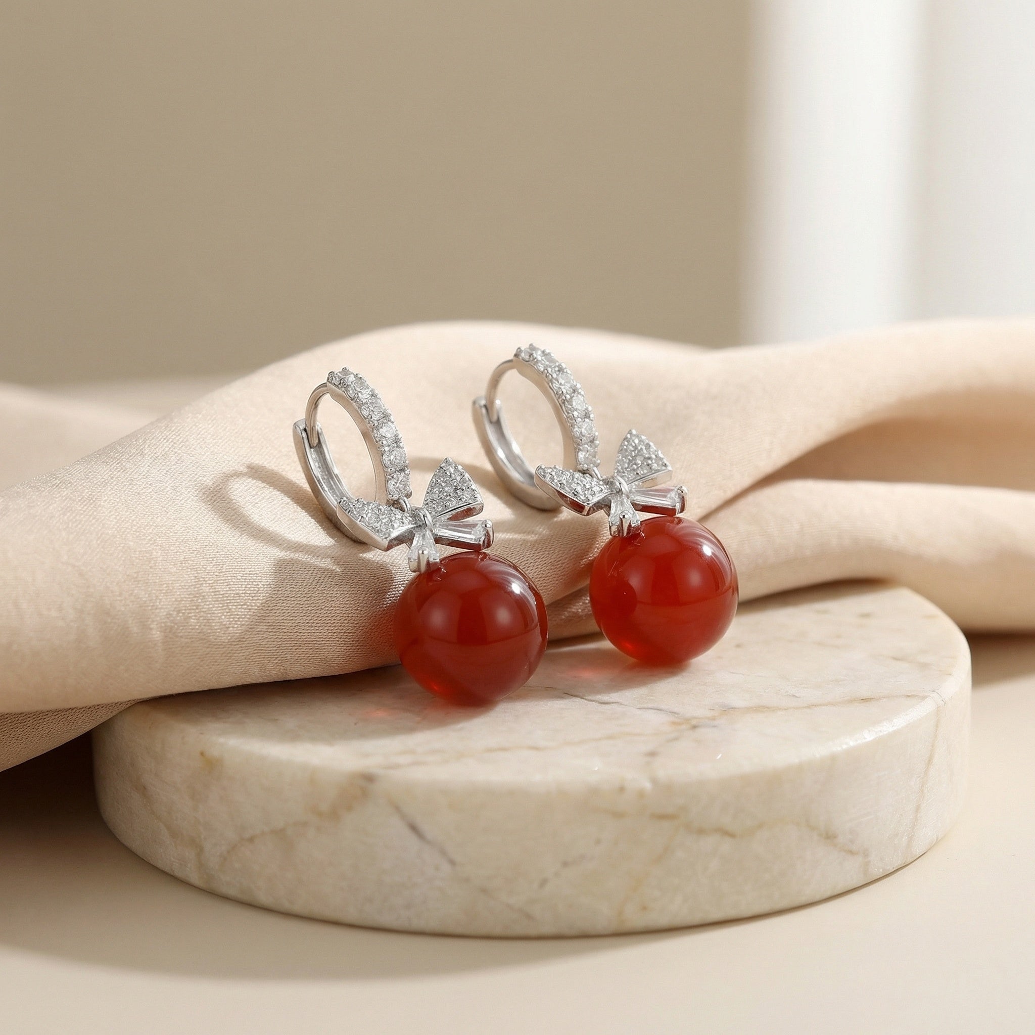 925 Sterling Silver Elegant Red Agate and Sparkling Crystal Bowknot Drop Hoop Earrings Vera Lux