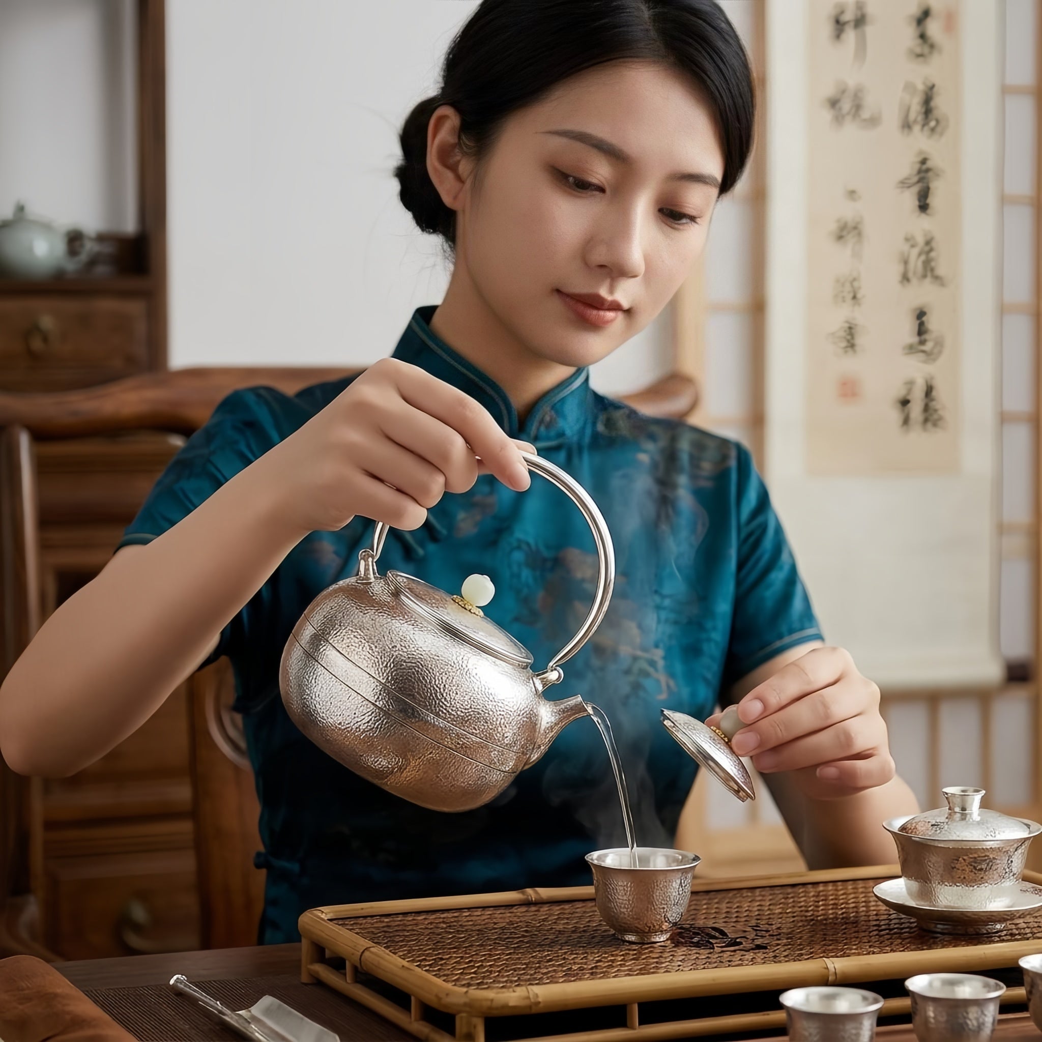 Pure 999 Fine Silver Elegant Handcrafted Hammered Silver Teapot with a Polished White Stone Lid Finial - Handicraft Vera Lux