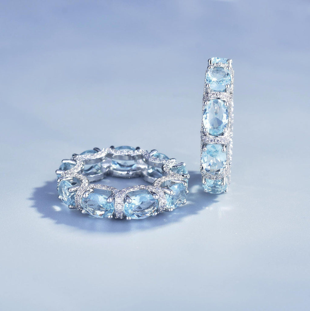 Luxury Oval Cut Aquamarine Eternity Band Ring, Micro Pave Blue Gemstone Stackable Ring For Women Vera Lux