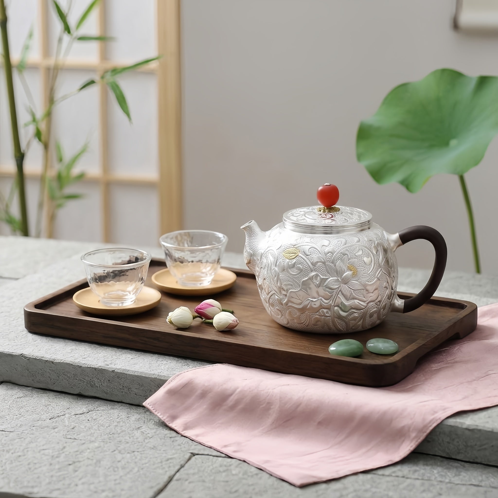 Pure 999 Fine Silver Handcrafted Silver Teapot Featuring Intricate Lotus Engravings and a Crimson Finial - Handicraft Vera Lux