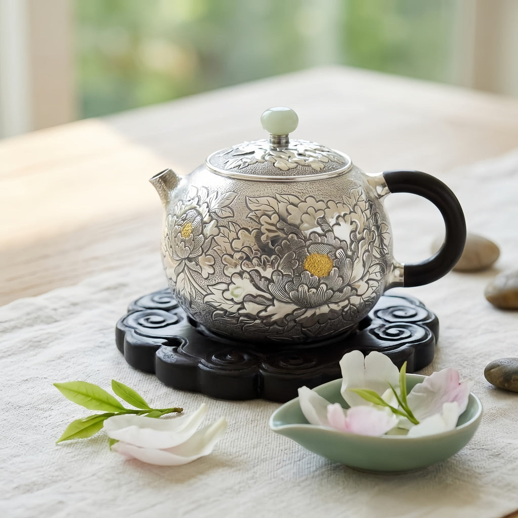Pure 999 Fine Silver Handcrafted Silver Peony Teapot with Ebony Handle and Jade Finial - Handicraft Vera Lux