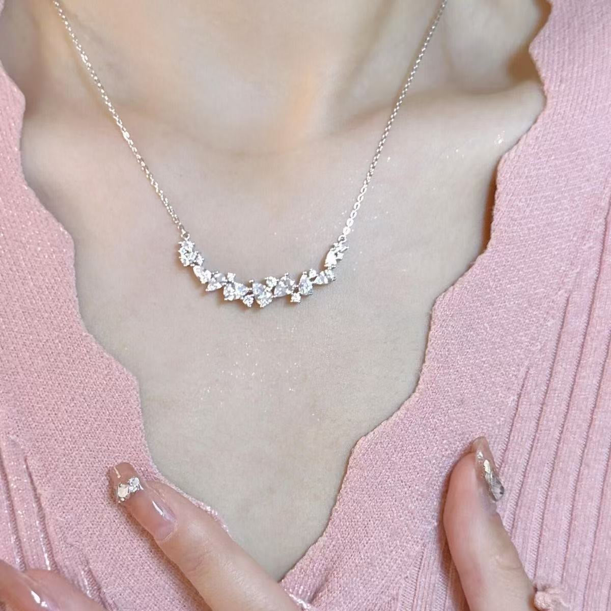 1pcs 999 Sterling Silver Cluster CZ Smile Bar Necklace, Luxury Delicate Style, Ideal For Birthday Gifts Vera Lux