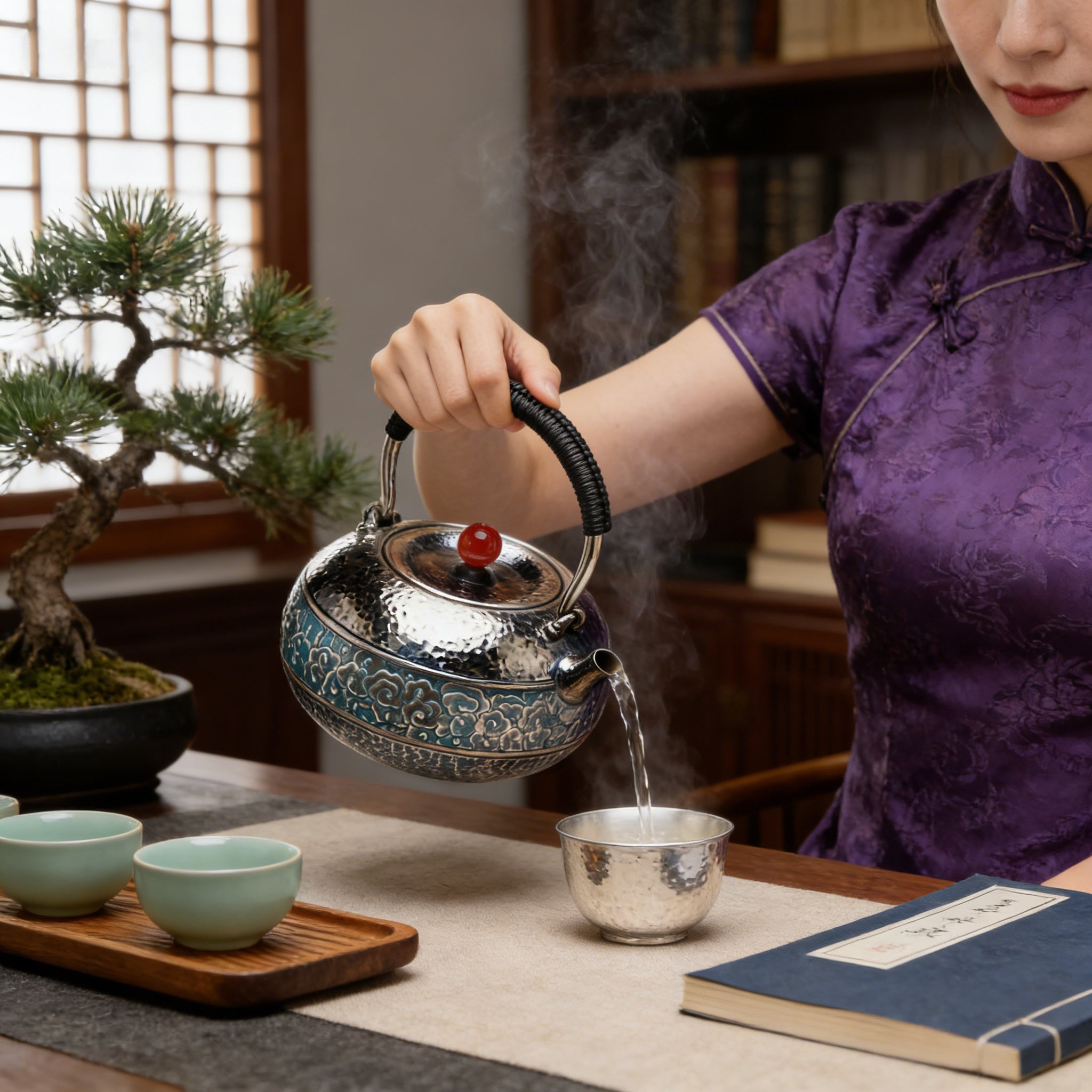 925 Sterling Silver Handcrafted Hammered  Teapot with Blue Cloud Motif-Fine large teapot - Handicraft Vera Lux