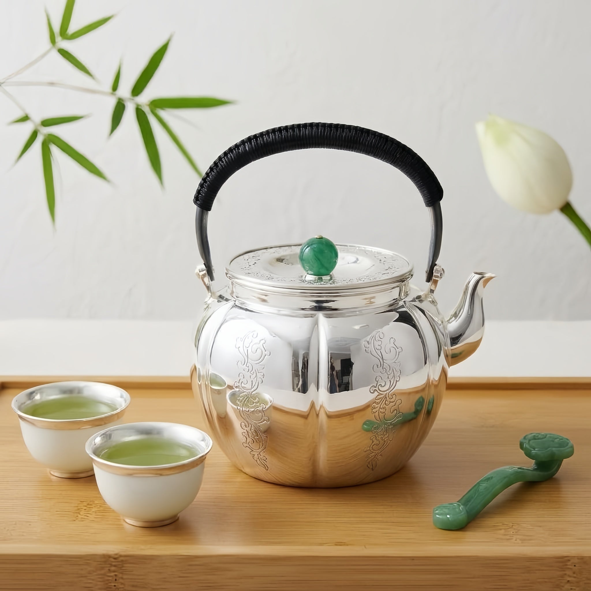Pure 999 Fine Silver Elegant Silver Teapot with Green Jade Finial and Woven Black Handle - Handicraft Vera Lux