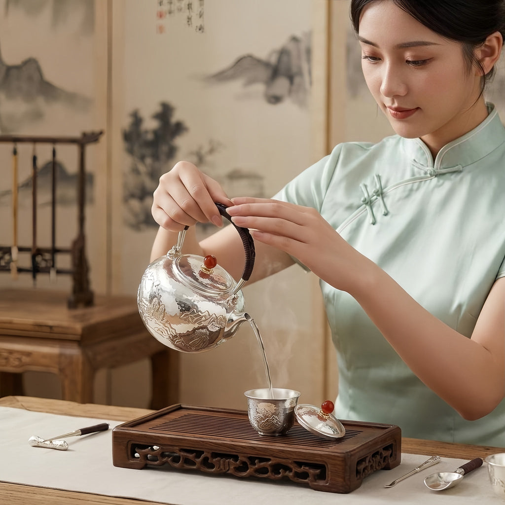 Pure 999 Fine Silver Exquisite Hand-Carved Silver Teapot with Mountain Landscape and Red Stone Finial - Handicraft Vera Lux