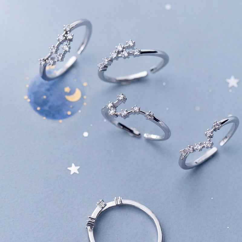 Zircon Silver-Plated Twelve Zodiac Signs Adjustable Open Ring Vera Lux