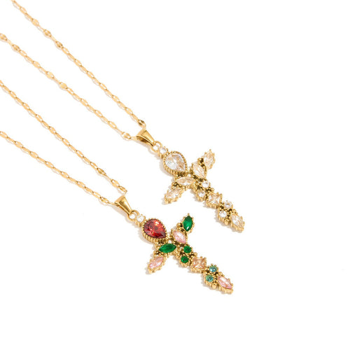 18K Gold Cross Inlaid Gemstone Design Exquisite Fashion Necklace Vera Lux