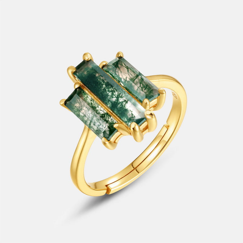 Statement Bold Natural Green Moss Agate Index Finger S925 Silver-Inlaid Aquamarine Agate Ring Vera Lux