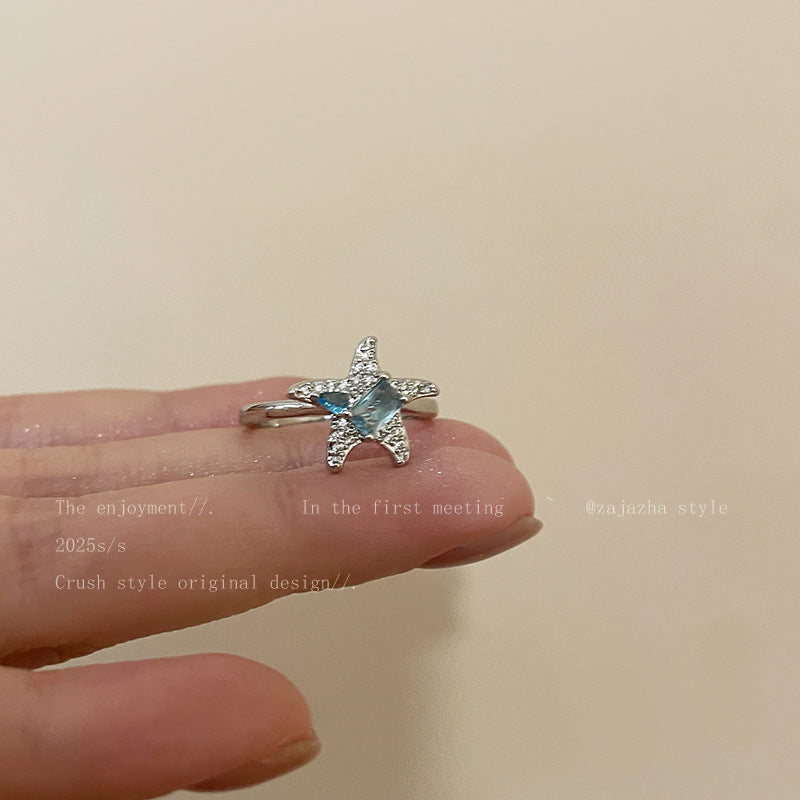 Blue Star Zircon Ring For Women, Luxury Niche High-End Index Finger Ring, Fashion Stackable Adjustable Band Vera Lux