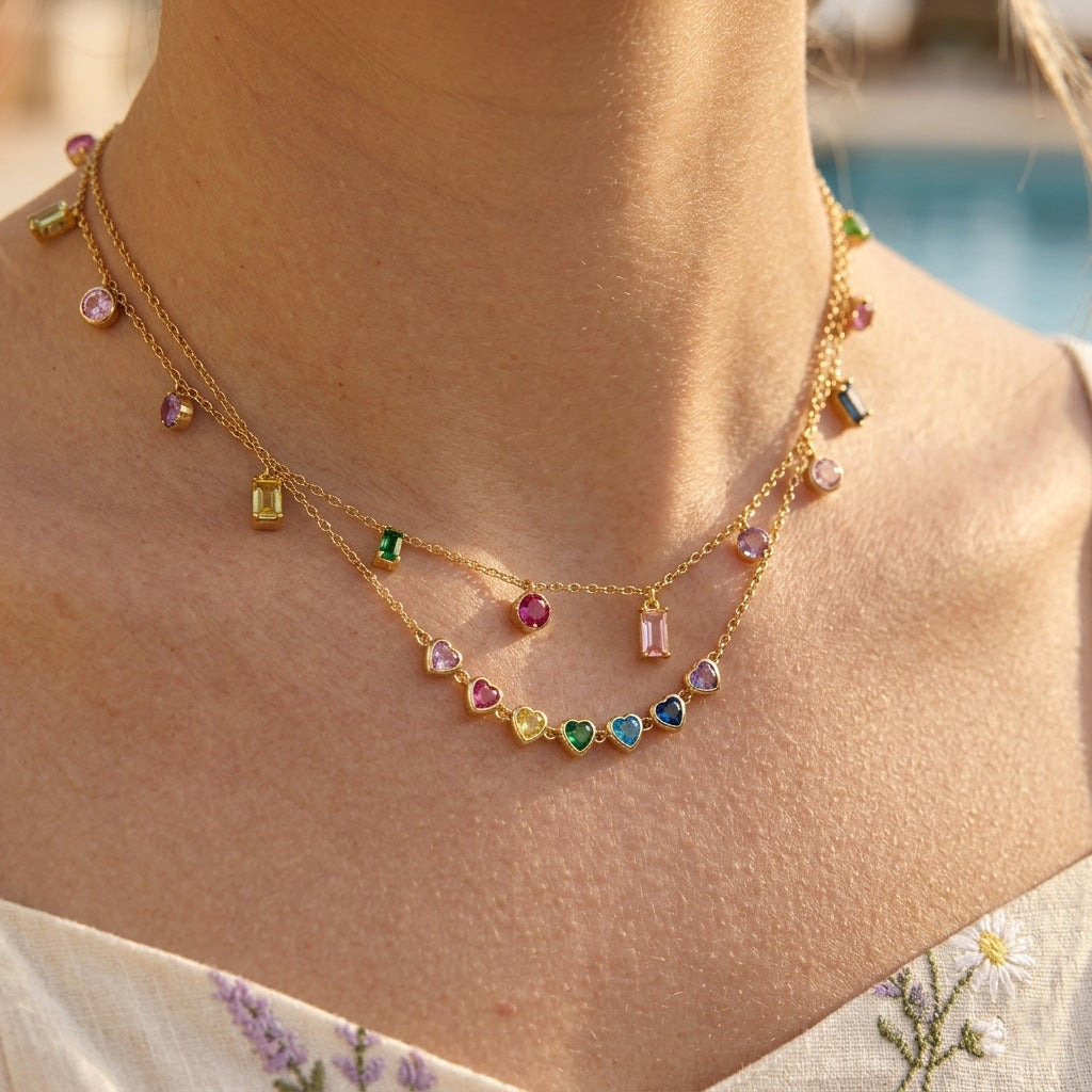 Spring Summer Vacation Jewelry Titanium Steel Colorful Zircon Necklace Light Luxury Vera Lux