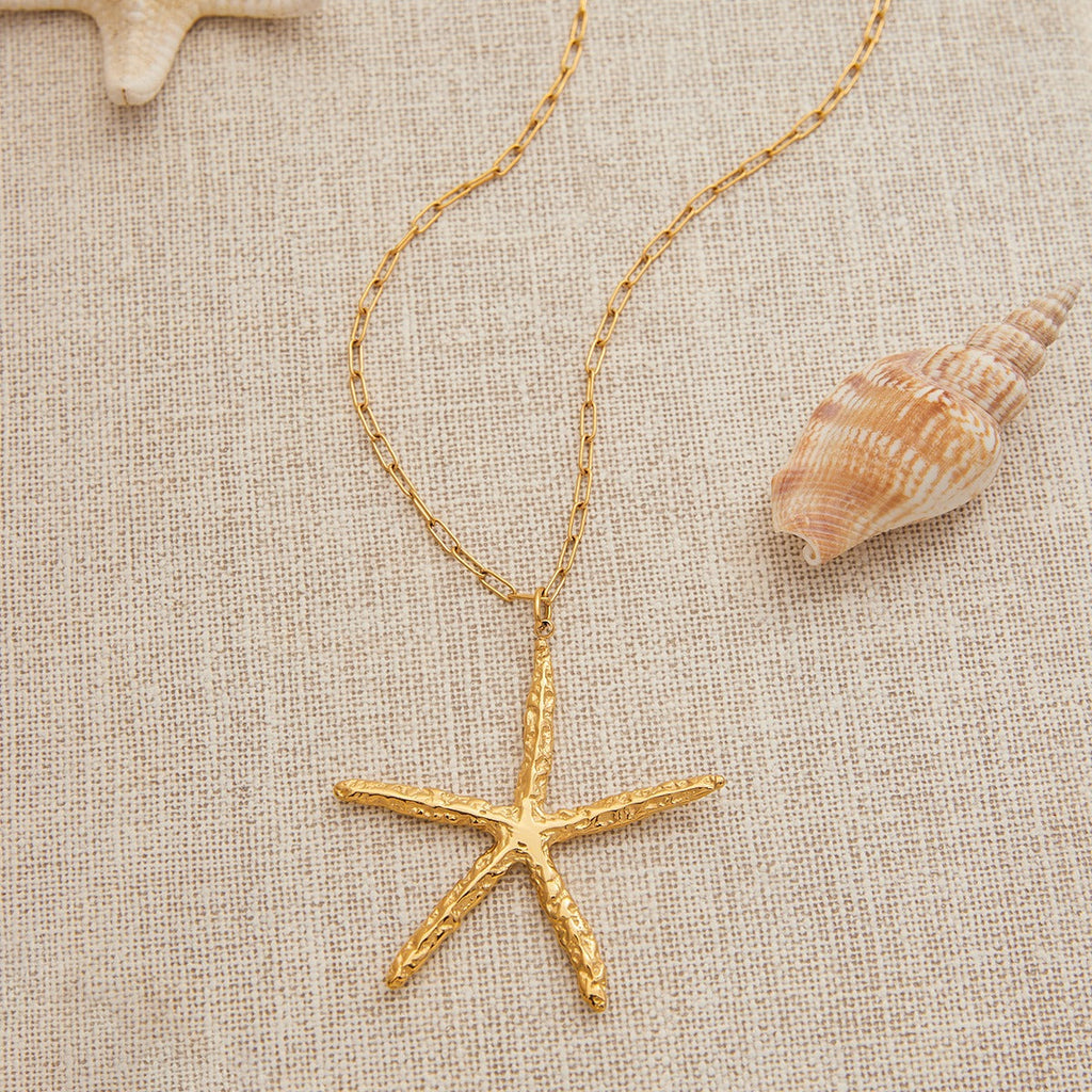 18K Gold Starfish Shape Textured Beach Style Necklace Vera Lux
