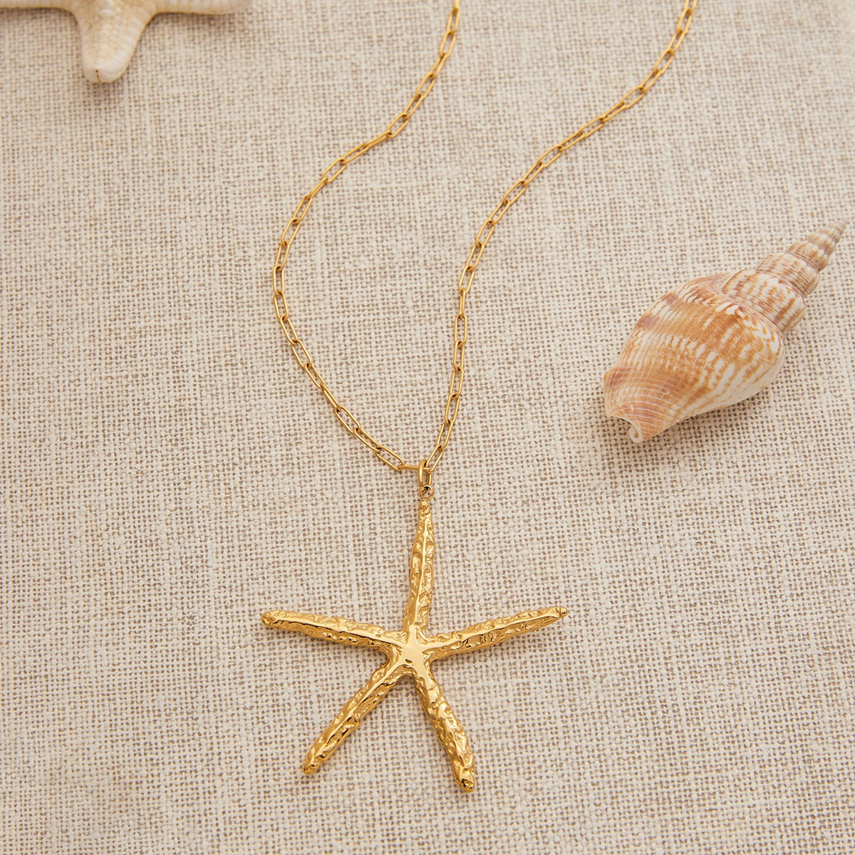 18K Gold Starfish Shape Textured Beach Style Necklace Vera Lux