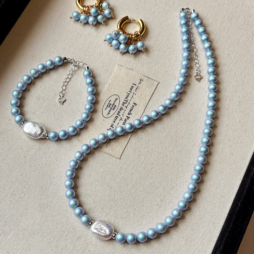Freshwater Pearl Set: Iridescent Blue Pearl Necklace, Bracelet, and Hoop Earrings Vera Lux
