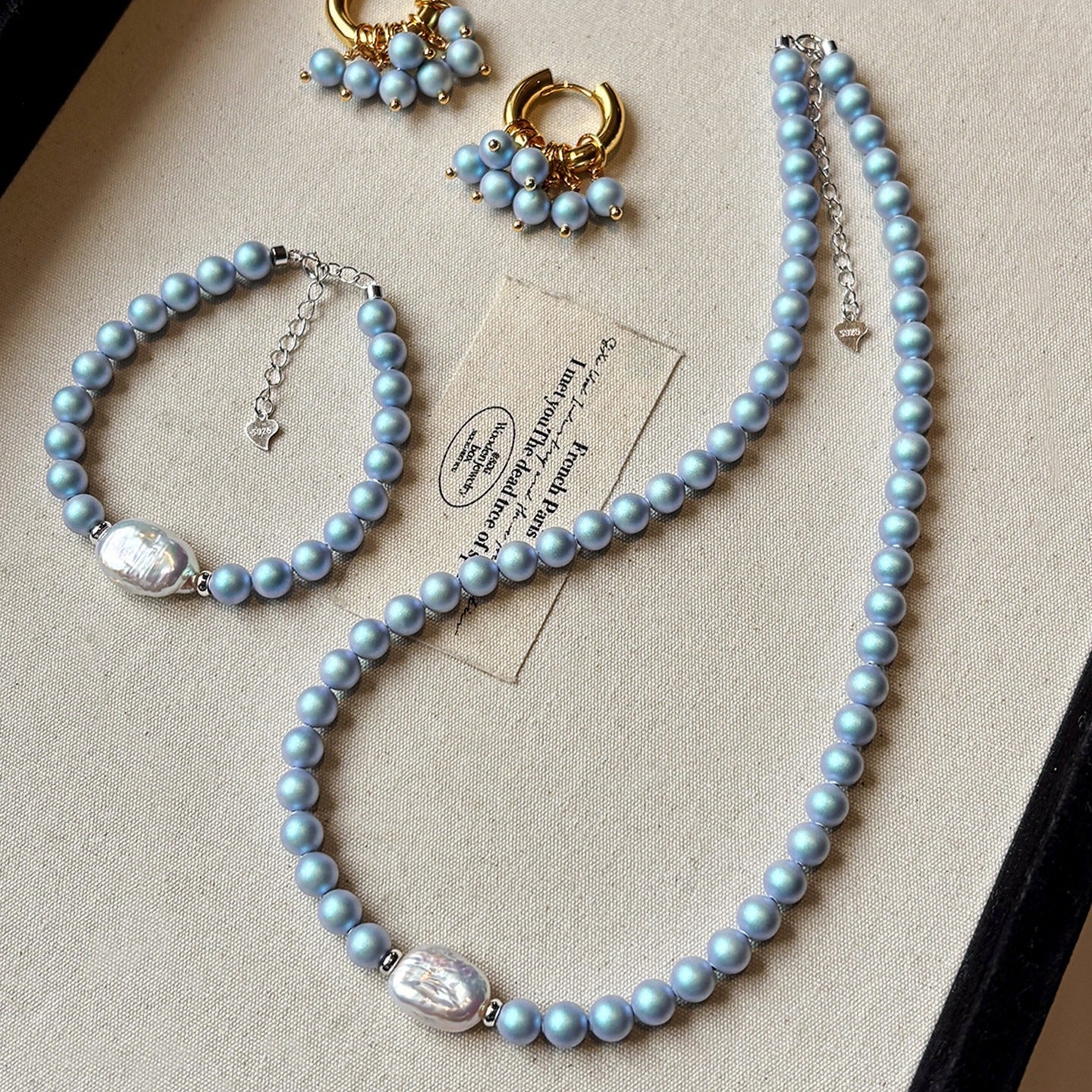 Freshwater Pearl Set: Iridescent Blue Pearl Necklace, Bracelet, and Hoop Earrings Vera Lux