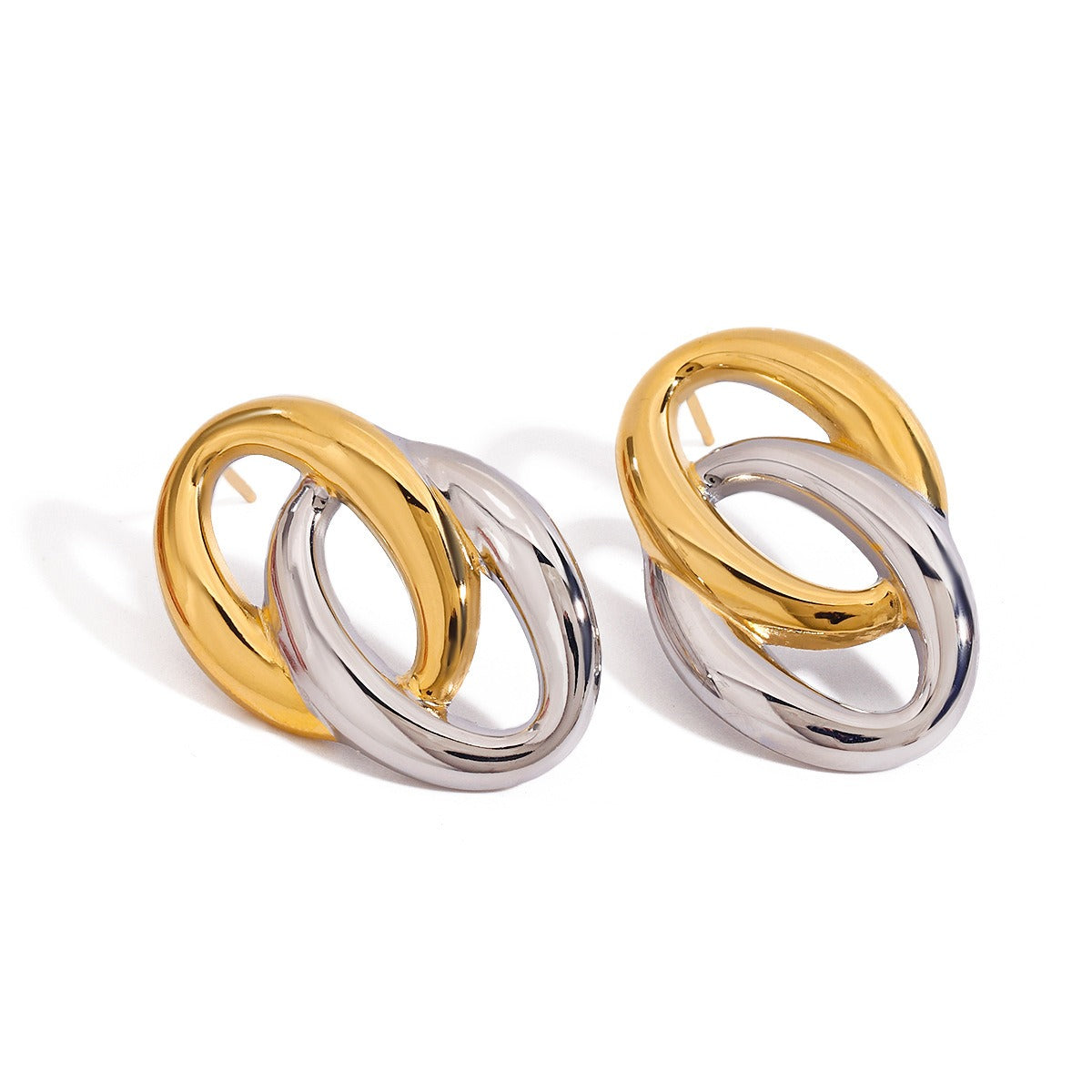 18K gold hollow oval earrings with gold and silver color matching design, simple and elegant Vera Lux