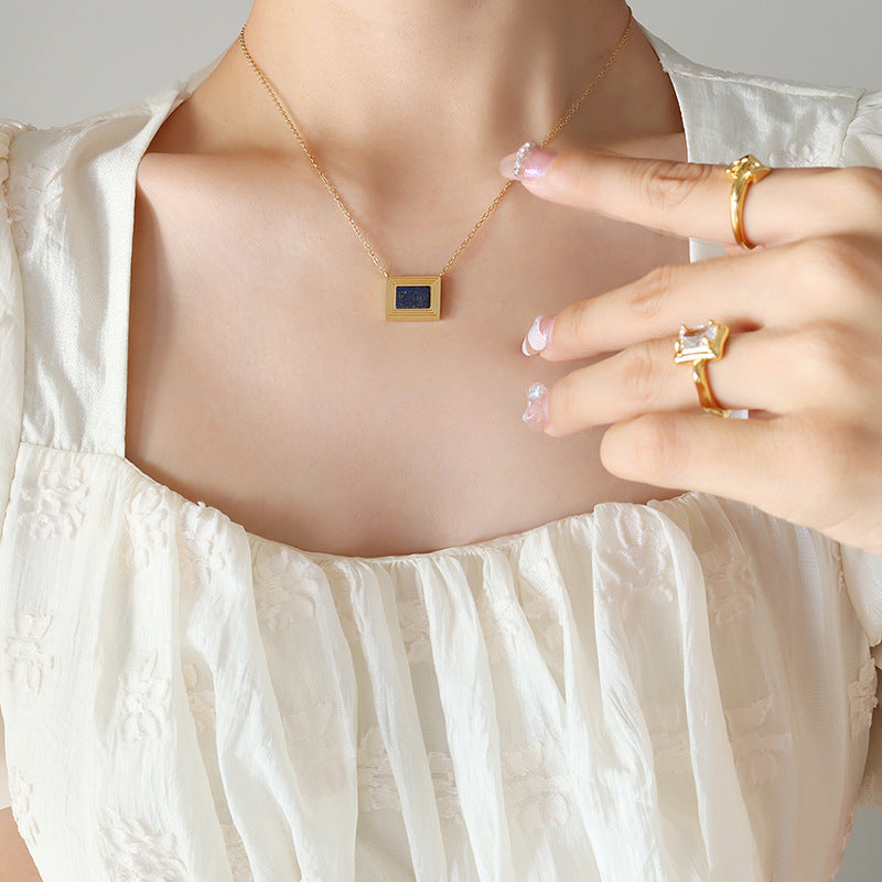 French-style Square Oil Painting Lapis Lazuli Necklace Vera Lux