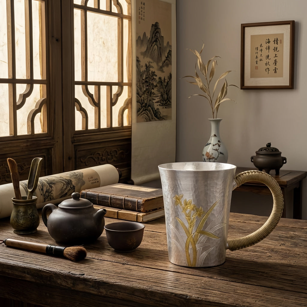 925 Sterling Silver Elegant Hammered Silver Mug with Orchid Engravings and Woven Handle - Handicraft Vera Lux
