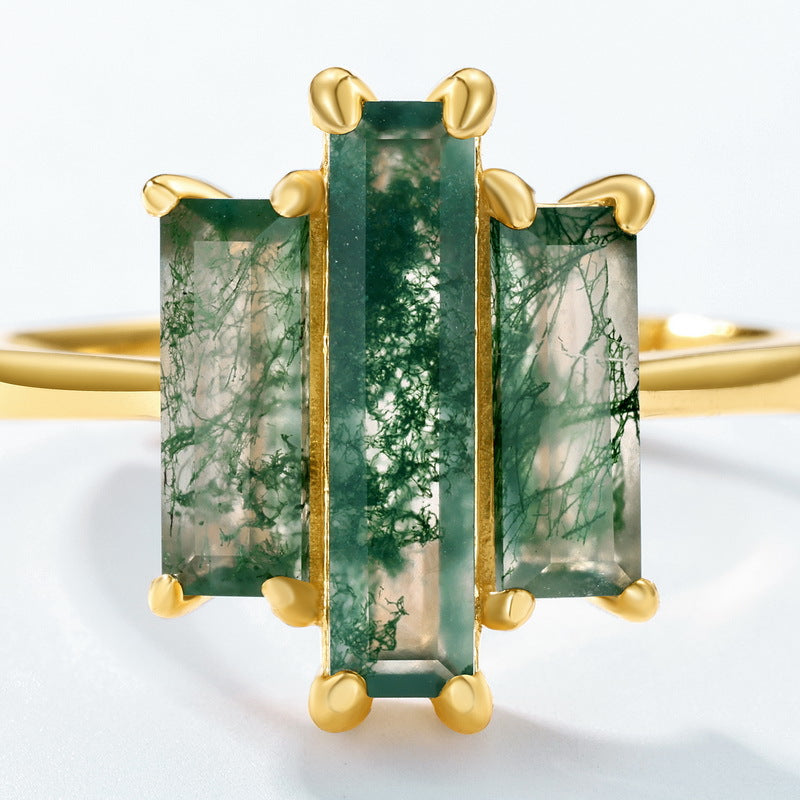 Statement Bold Natural Green Moss Agate Index Finger S925 Silver-Inlaid Aquamarine Agate Ring Vera Lux