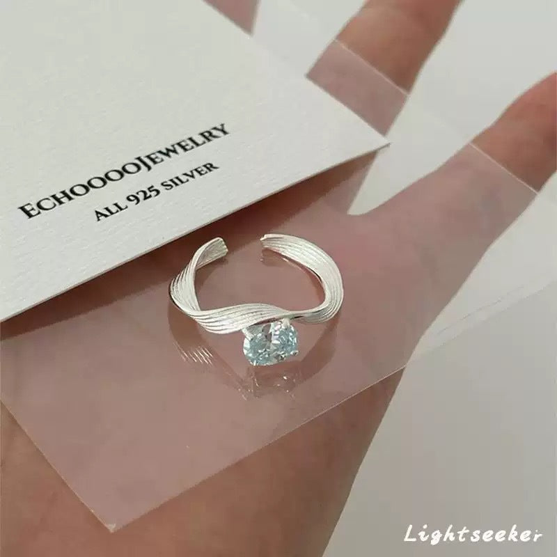 Blue Zircon Twisted Geometric Wave Open Ring, Minimalist Textured Statement Ring For Women Vera Lux