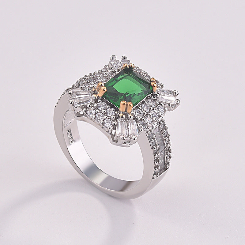 Square Princess Ring With Simulated Emerald Zircon, Micro Pave Full Stone Engagement Band Vera Lux