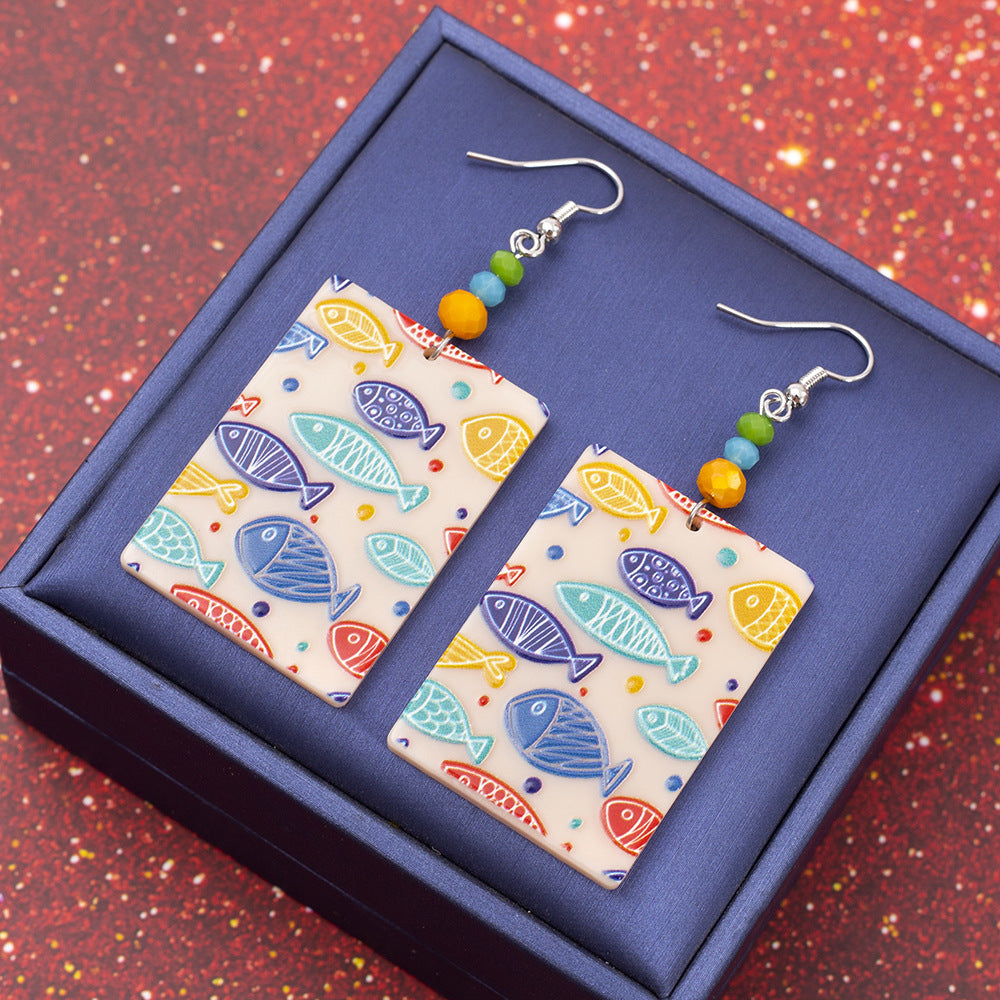 Fashionable Square 3D Printed Acrylic Multi-Color Fish Earrings For Women Vera Lux