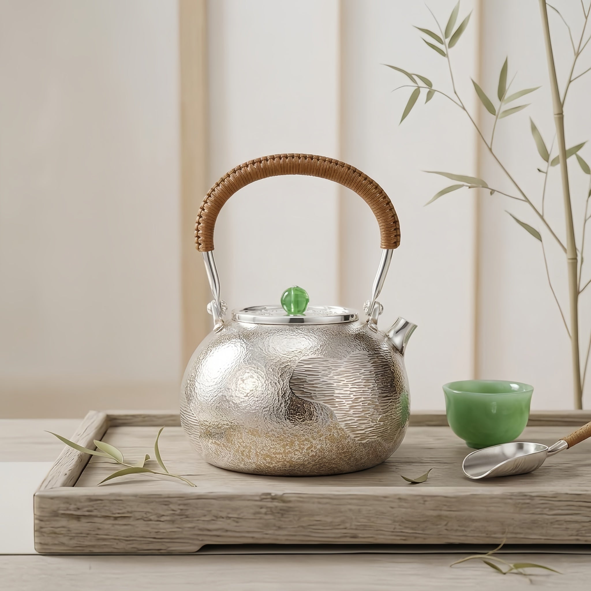 Pure 999 Fine Silver Handcrafted Textured Silver Teapot with Woven Rattan Handle and Green Jade Knob - Handicraft Vera Lux
