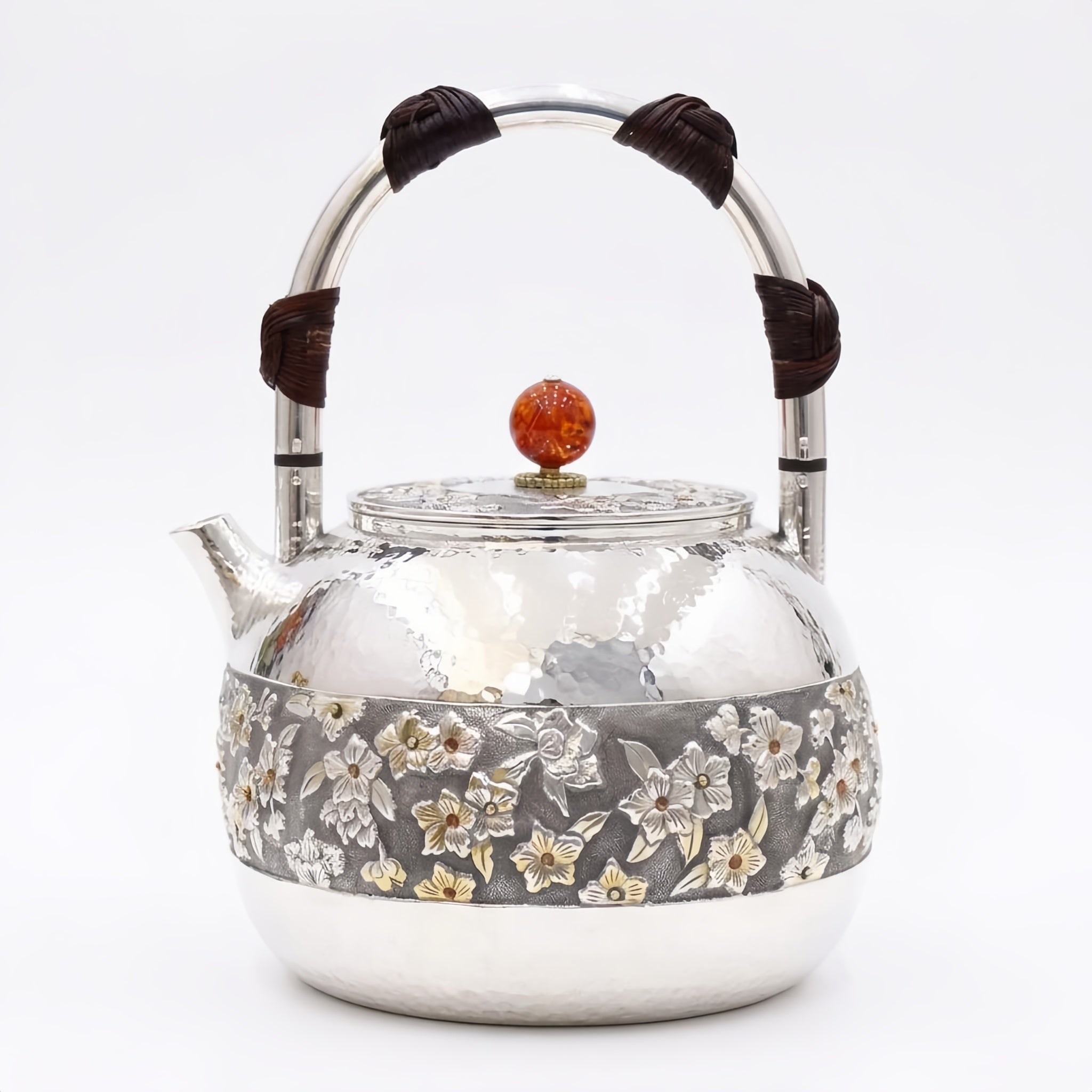 Pure 999 Fine Silver Elegant Hammered Silver Teapot with Intricate Floral Relief and Woven Handle - Handicraft Vera Lux