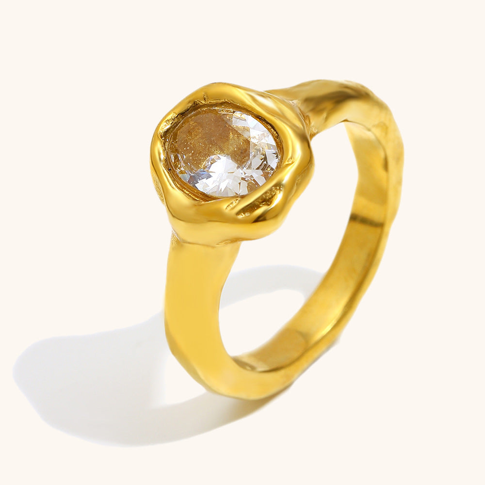 Stainless Steel 18K Gold-Plated Holed Dove-Egg Zircon Ring For Women  Lite Luxury Vera Lux