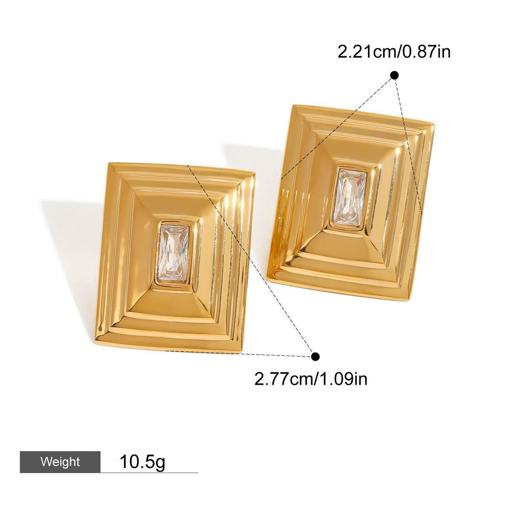 18k gold rectangular inlaid gemstone with concave pattern design exquisite and noble earrings Vera Lux