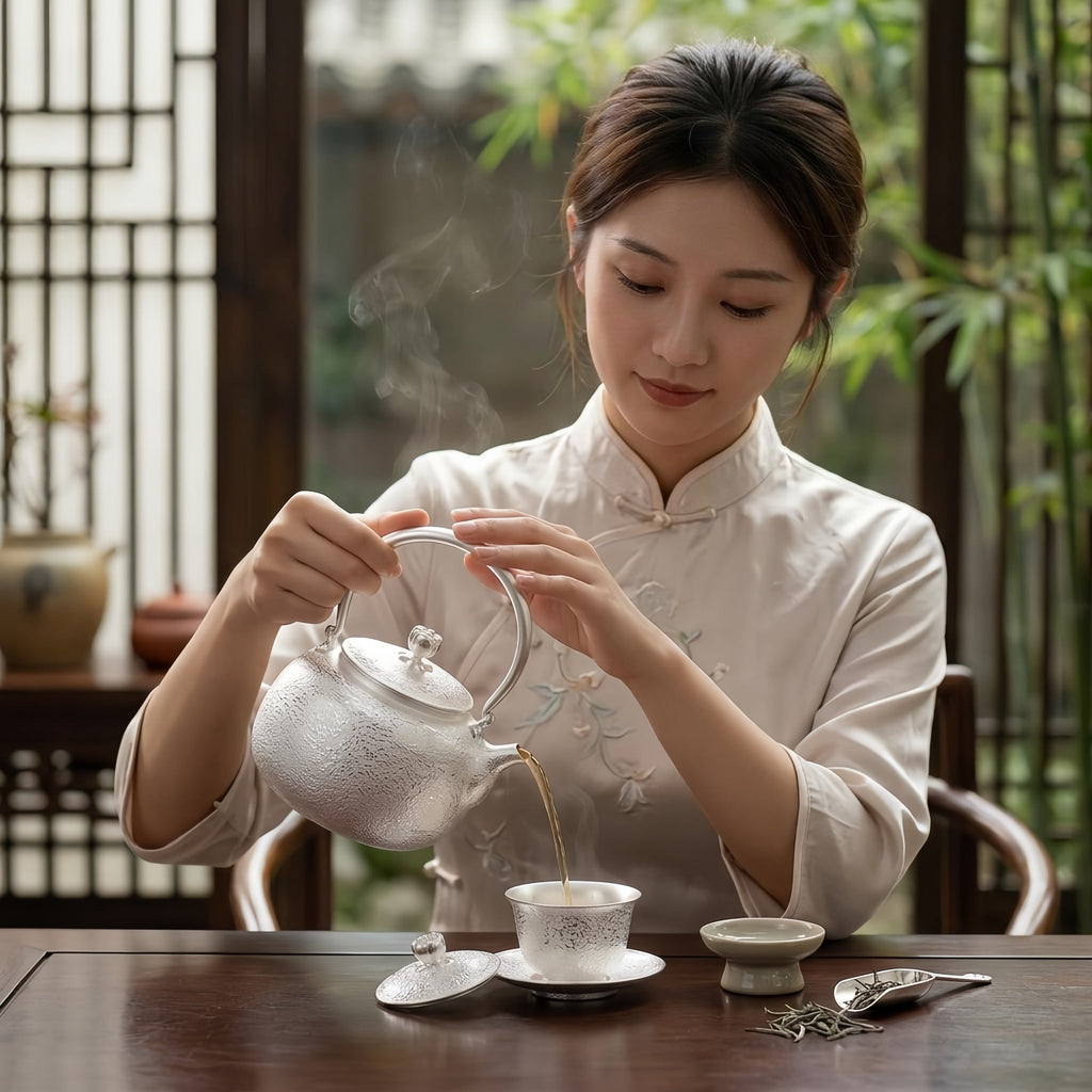 Pure 999 Fine Silver Handcrafted Fine Silver Teapot with Hammered Texture and Elegant Arched Handle - Handicraft Vera Lux