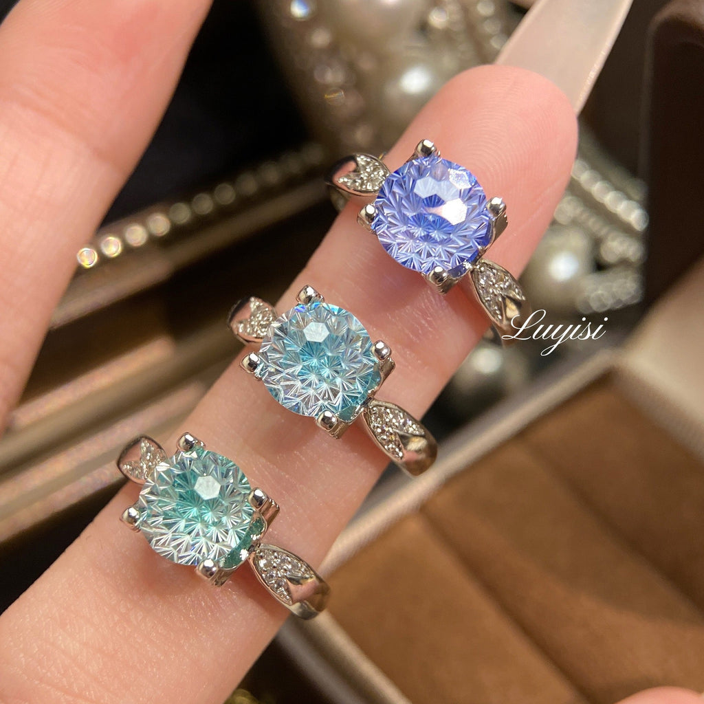 Luxury Shiny Paraiba Firework Cut Ring For Women, High Carbon Diamond Swallowtail Bullhead Setting Engagement Ring Vera Lux