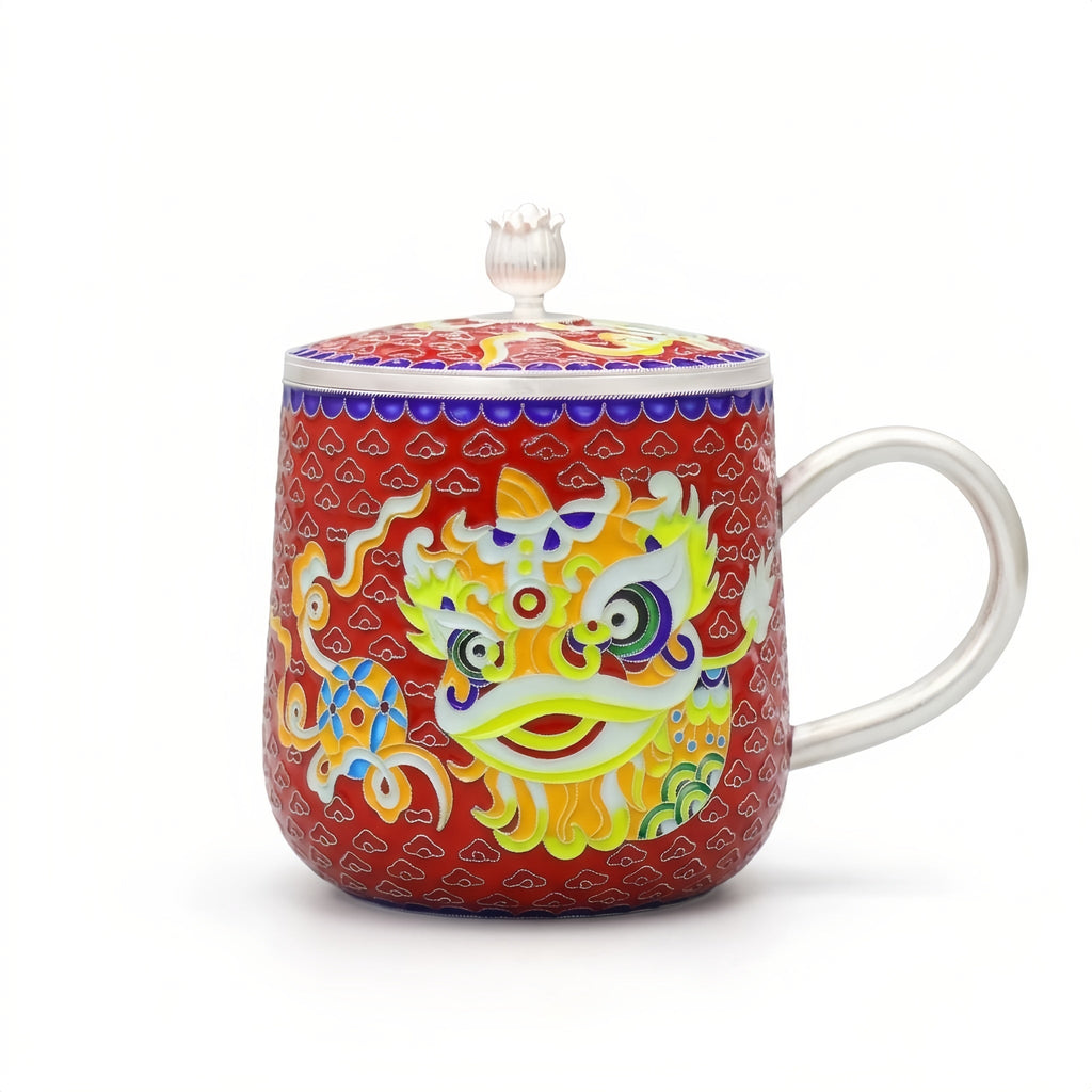 Pure 999 Fine Silver Chinese Lion Dance Enamel Mug: Traditional Artistry and Cultural Heritage-Premium Indigo Tea Mug - Handicraft Vera Lux