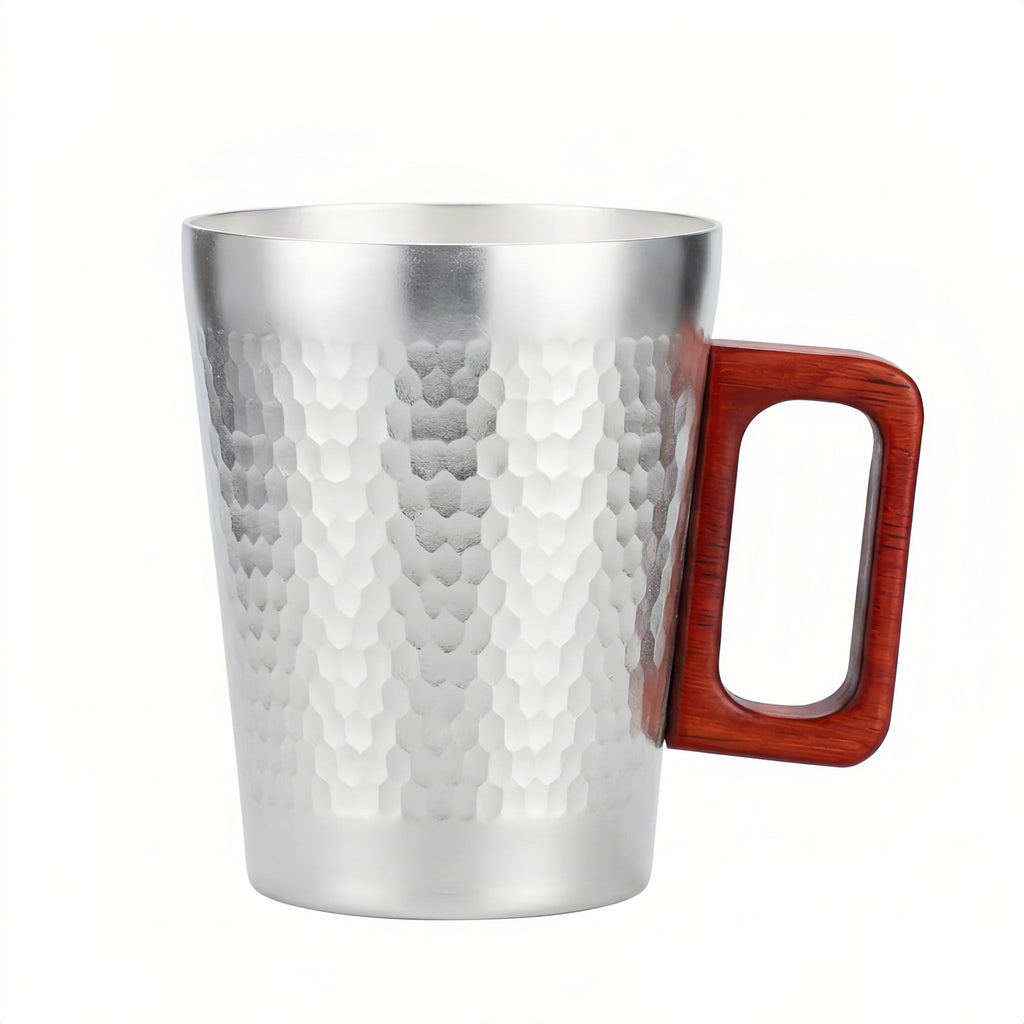 Pure 999 Fine Silver Modern Hammered Metal Coffee Mug with Rectangular Wooden Handle - Handicraft Vera Lux
