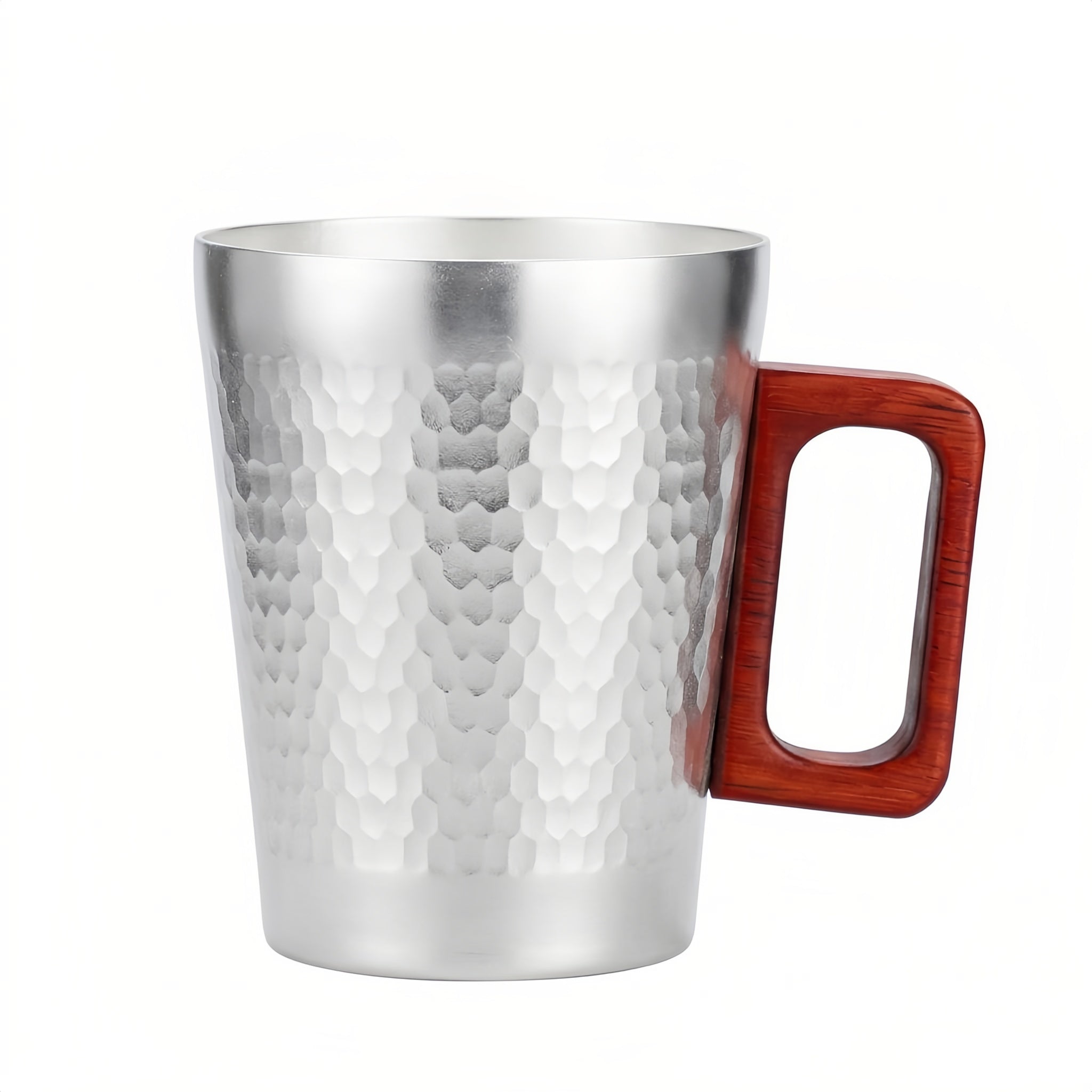 Pure 999 Fine Silver Modern Hammered Metal Coffee Mug with Rectangular Wooden Handle - Handicraft Vera Lux