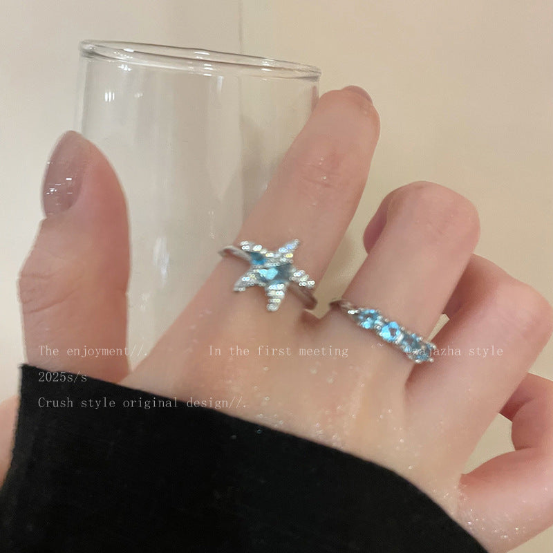 Blue Star Zircon Ring For Women, Luxury Niche High-End Index Finger Ring, Fashion Stackable Adjustable Band Vera Lux