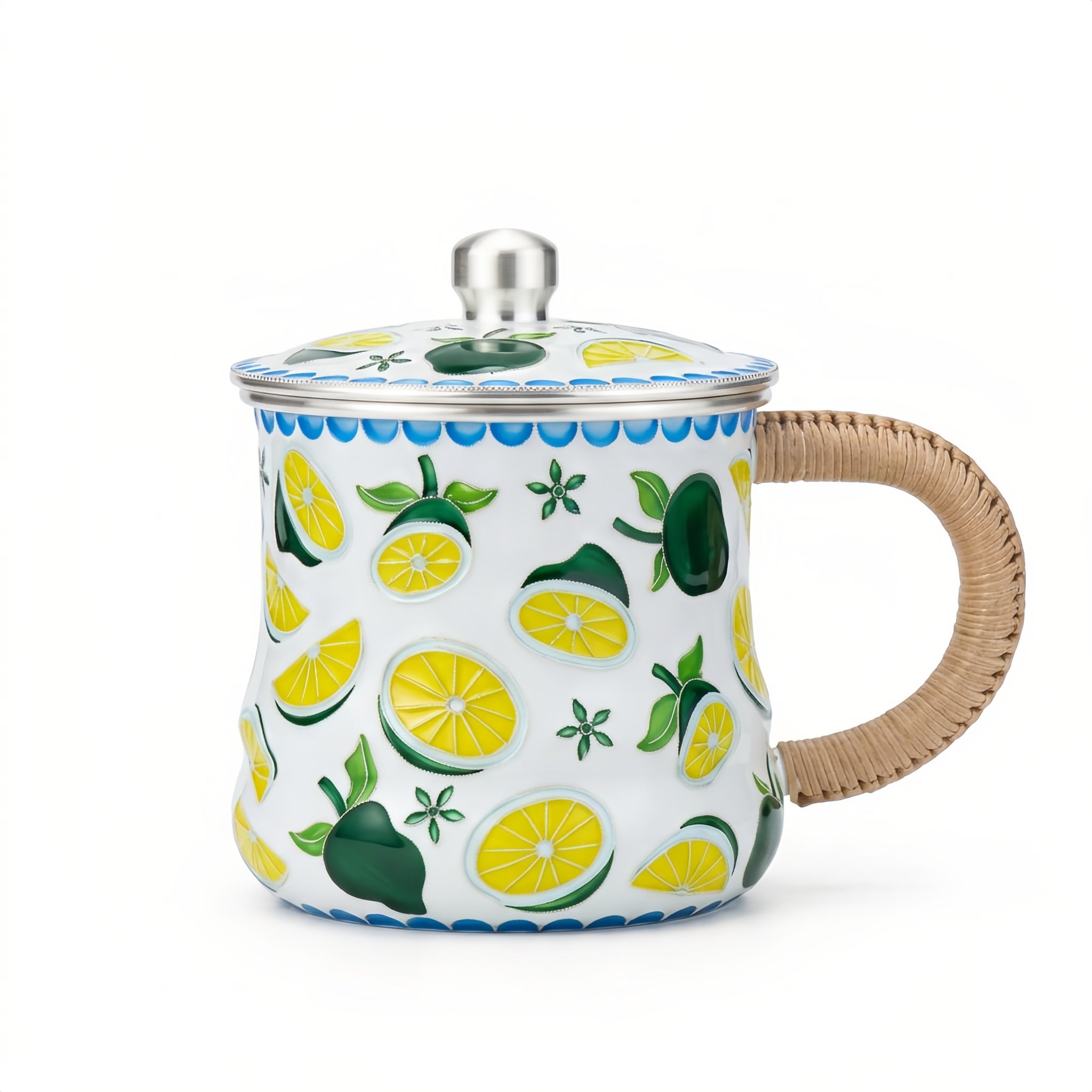 Pure 999 Fine Silver Vibrant Citrus Print Enamel Mug with Natural Wicker Handle and Lid - Handicraft Vera Lux