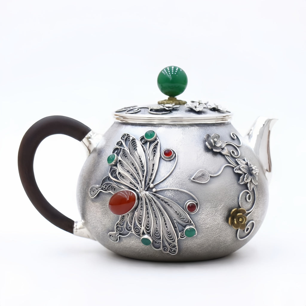 Pure 999 Fine Silver Silver Filigree Teapot with Butterfly Motif and Vibrant Gemstone Embellishments - Handicraft Vera Lux