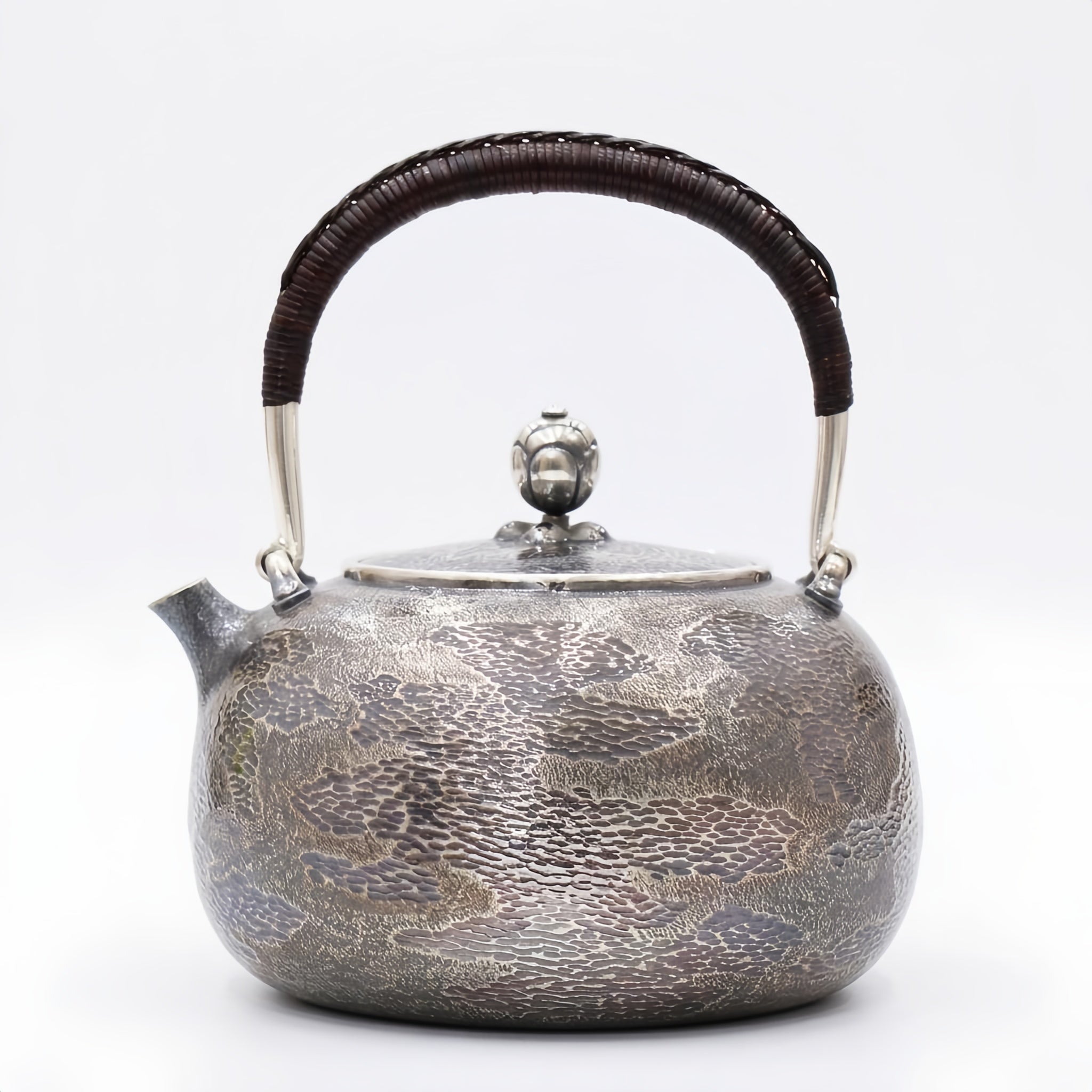 Pure 999 Fine Silver Artisanal Hammered Silver Teapot with Woven Rattan Handle and Decorative Finial - Handicraft Vera Lux