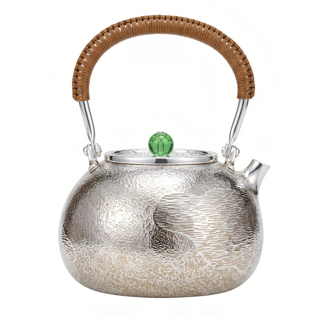 Pure 999 Fine Silver Handcrafted Textured Silver Teapot with Woven Rattan Handle and Green Jade Knob - Handicraft Vera Lux