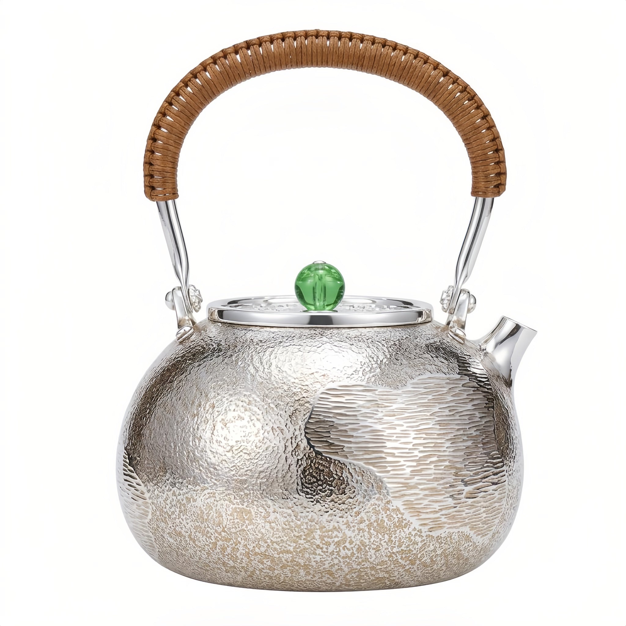 Pure 999 Fine Silver Handcrafted Textured Silver Teapot with Woven Rattan Handle and Green Jade Knob - Handicraft Vera Lux
