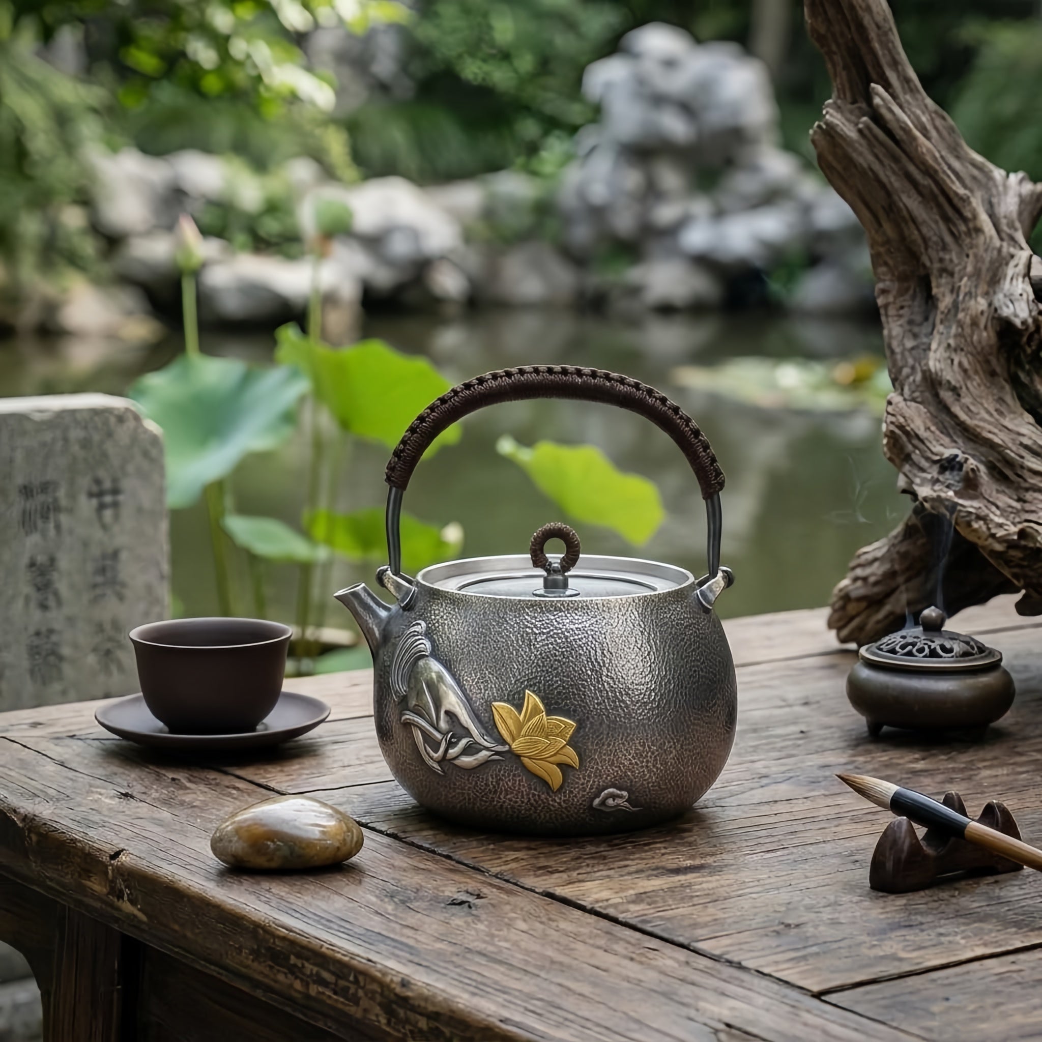 Pure 999 Fine Silver Artisanal Hammered Silver-Finish Teapot with Hand-Carved Gilded Lotus and Woven Rattan Handle - Handicraft Vera Lux