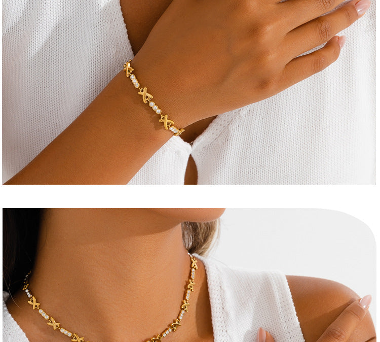 X-shaped Diamond-studded Necklace Set For Ladies - Luxurious And High-end, Featuring A Sparkling Array Of Diamonds And A Stainless Steel Bracelet Accessory. Vera Lux