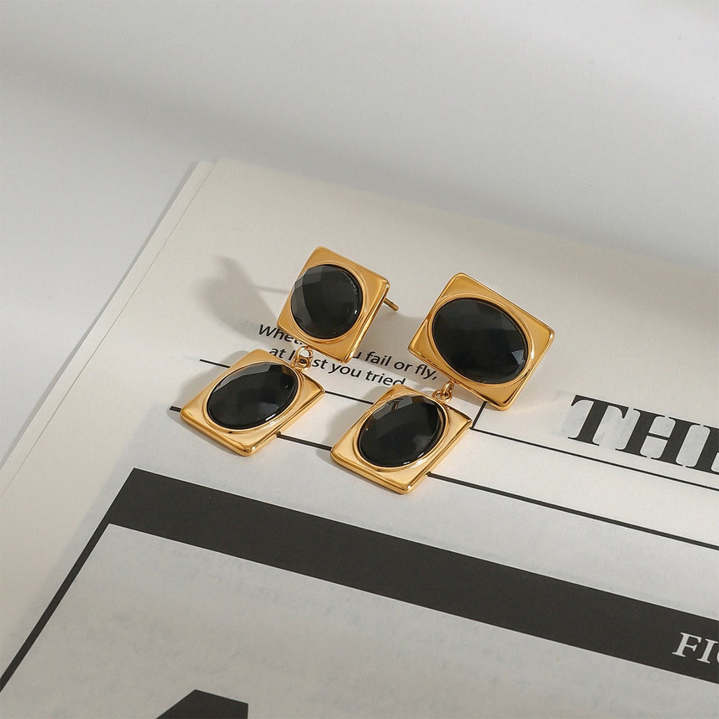 18k gold rectangular inlaid oval gemstone design trendy and unique earrings Vera Lux