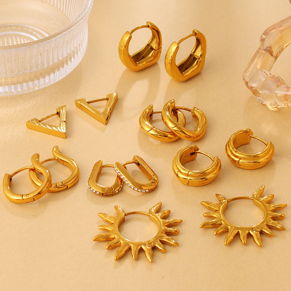 Fashion Vacation Style Geometric U-Shape & Triangle Earrings, Gold Color Fade-Resistant Sun Design, Daily Commute Earrings For Women Vera Lux